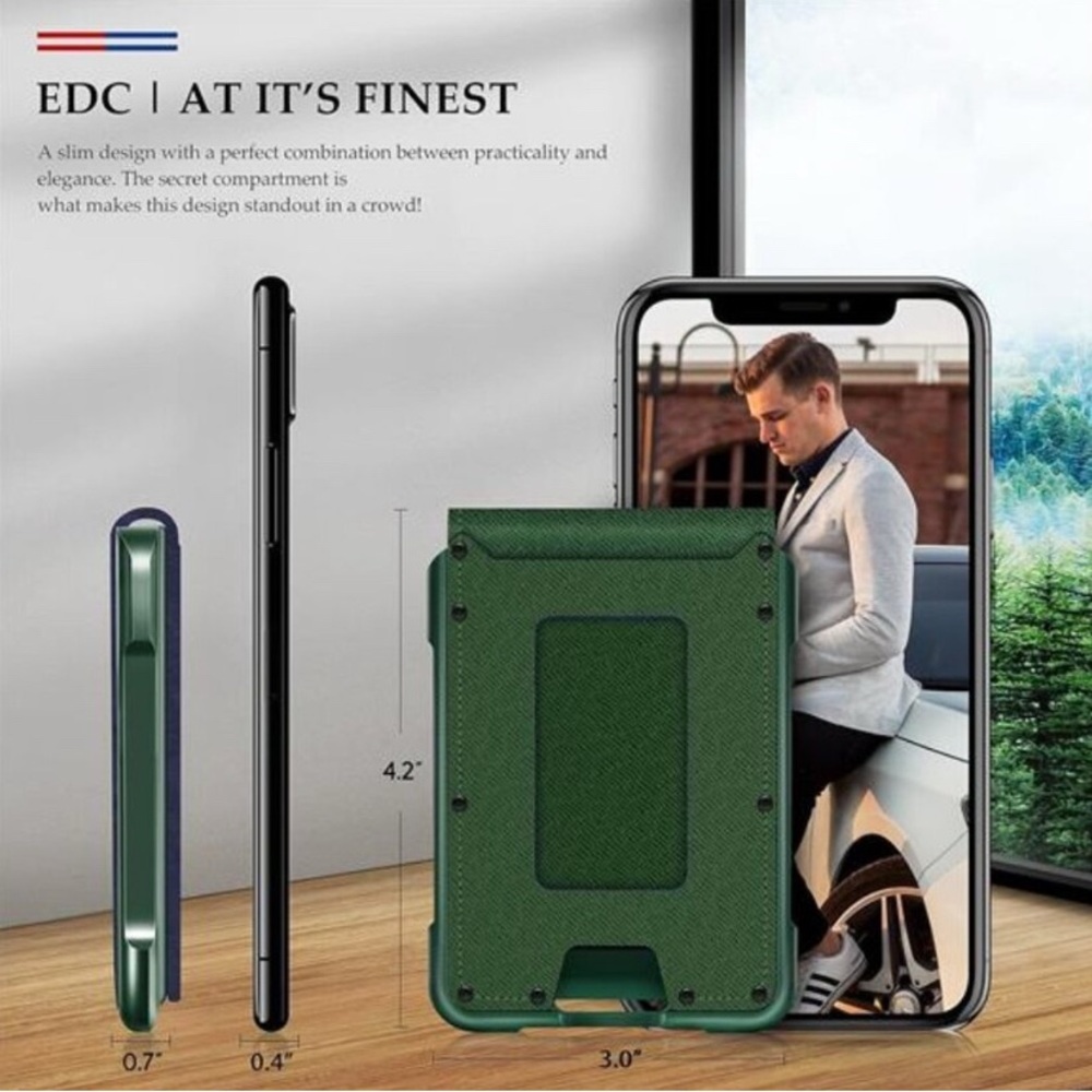 Muradin EDC Wallet Tactical Bifold EDC Metal RFID Blocking in Saffiano Green - Picture 3 of 14